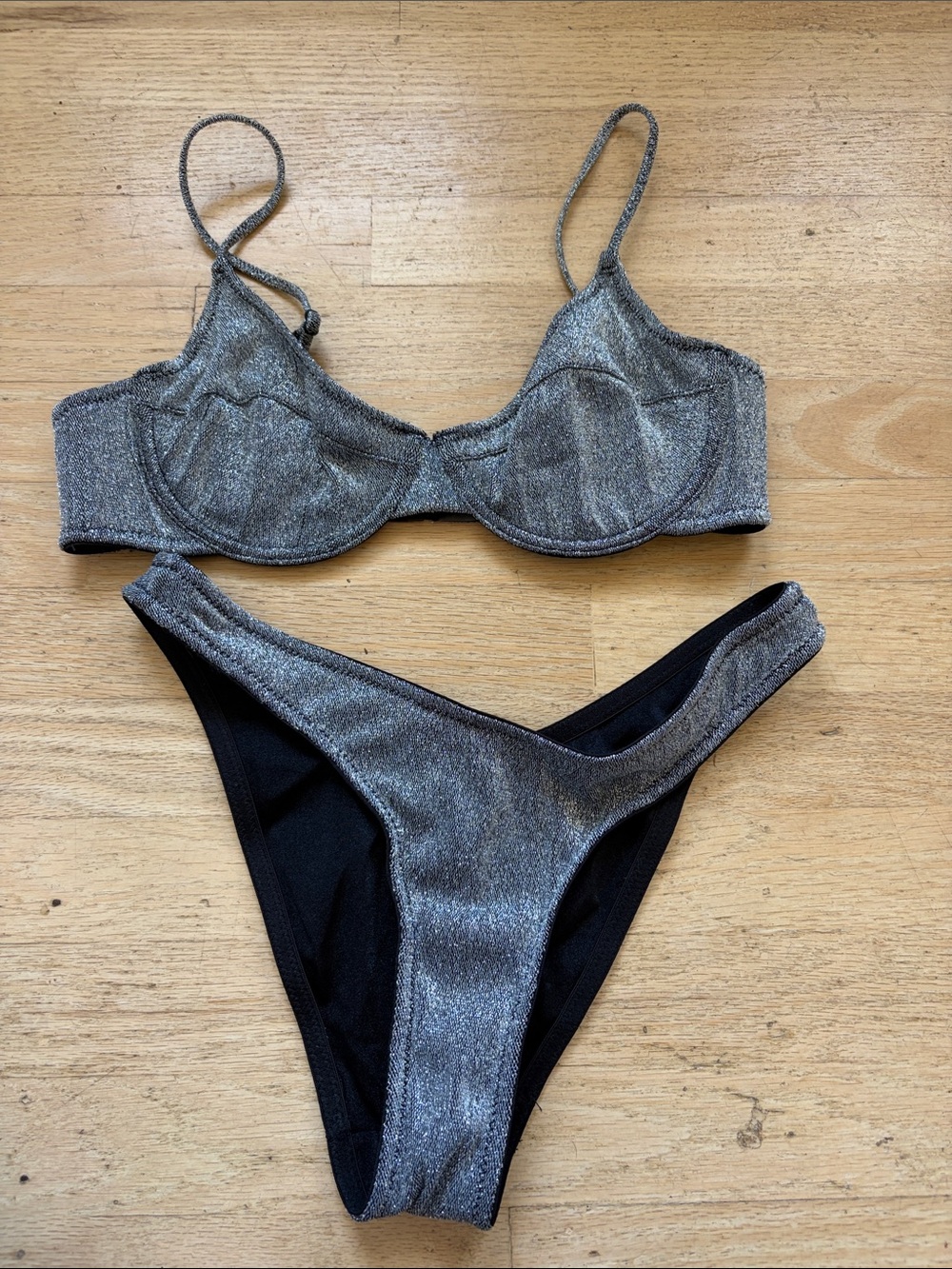 Triangl bikini silver black top small bottoms xs
